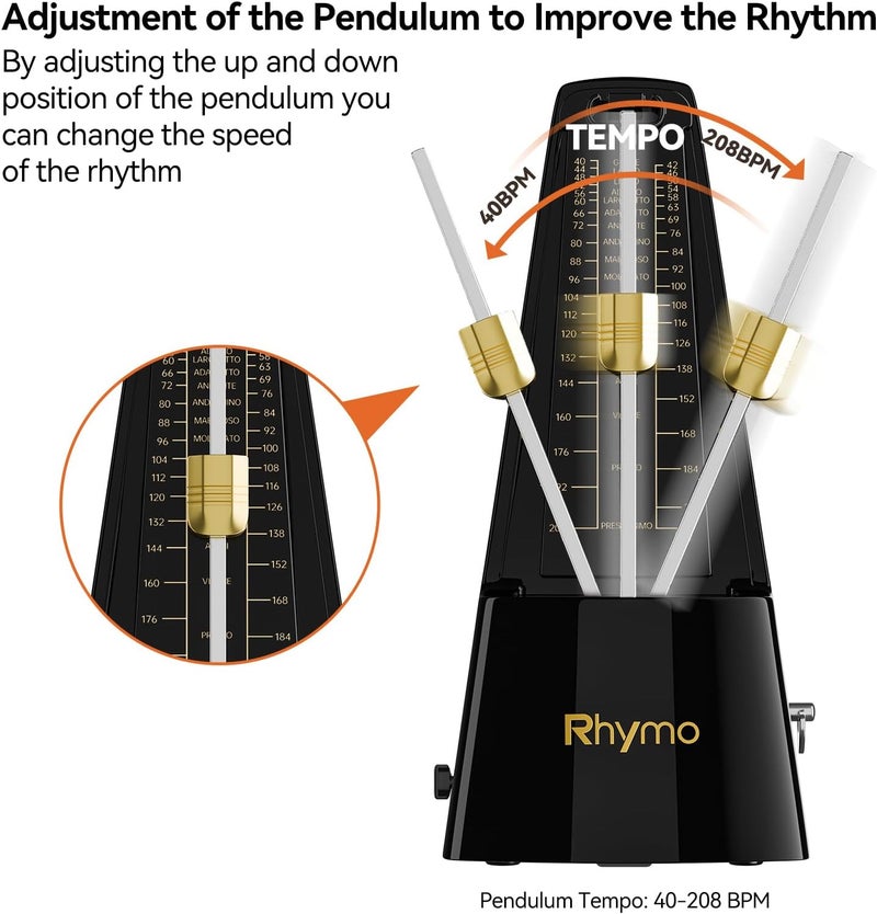 Rhymo Store Mechanical Metronome for Guitar, Piano & Violin, 40-208 BPM with 4 Beat Modes (2/4, 3/4, 4/4, 6/8), Classic Wind-Up Design, Loud Clear Tempo for Beginners, Musical Instrument Accessories, Black - Image 4